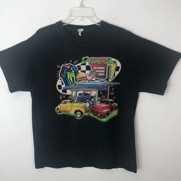 Vintage 90s Drive-In T-Shirt Hot Rod Magazines Graphic Tee Black Cotton Unisex L - Picture 1 of 12